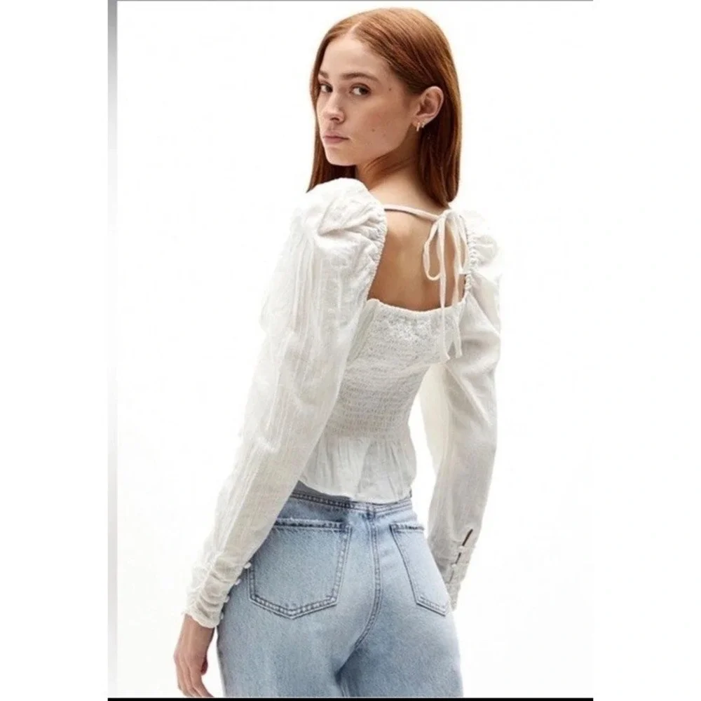 Free People Blouse Top Smocked White Ruffle Hem Boho Babydoll Coquette NWT XL